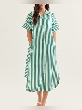 entro Green and White Striped Button-Front Midi Shirt Dress